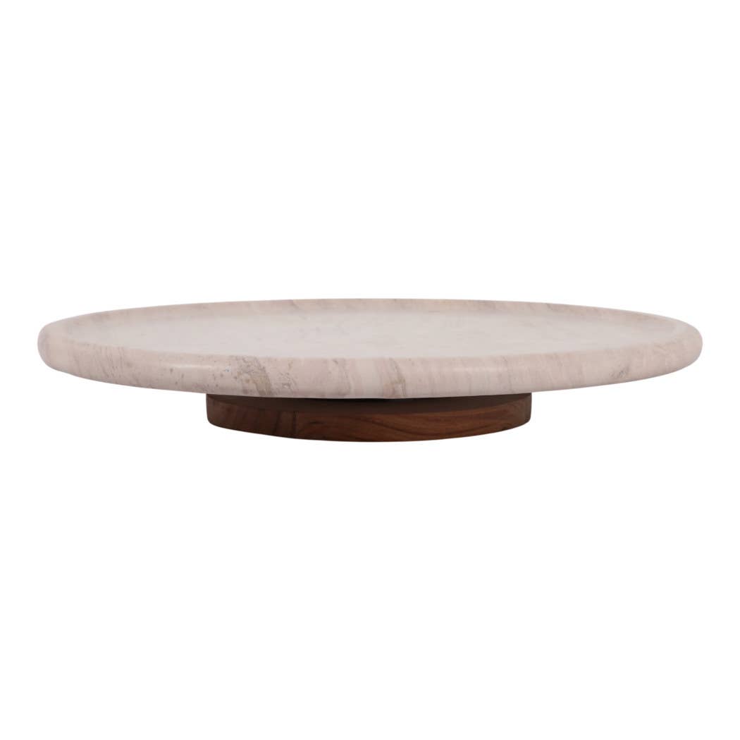 Decorative Tray - Ivory Wood Marble Round Lazy Susan, 16 in.
