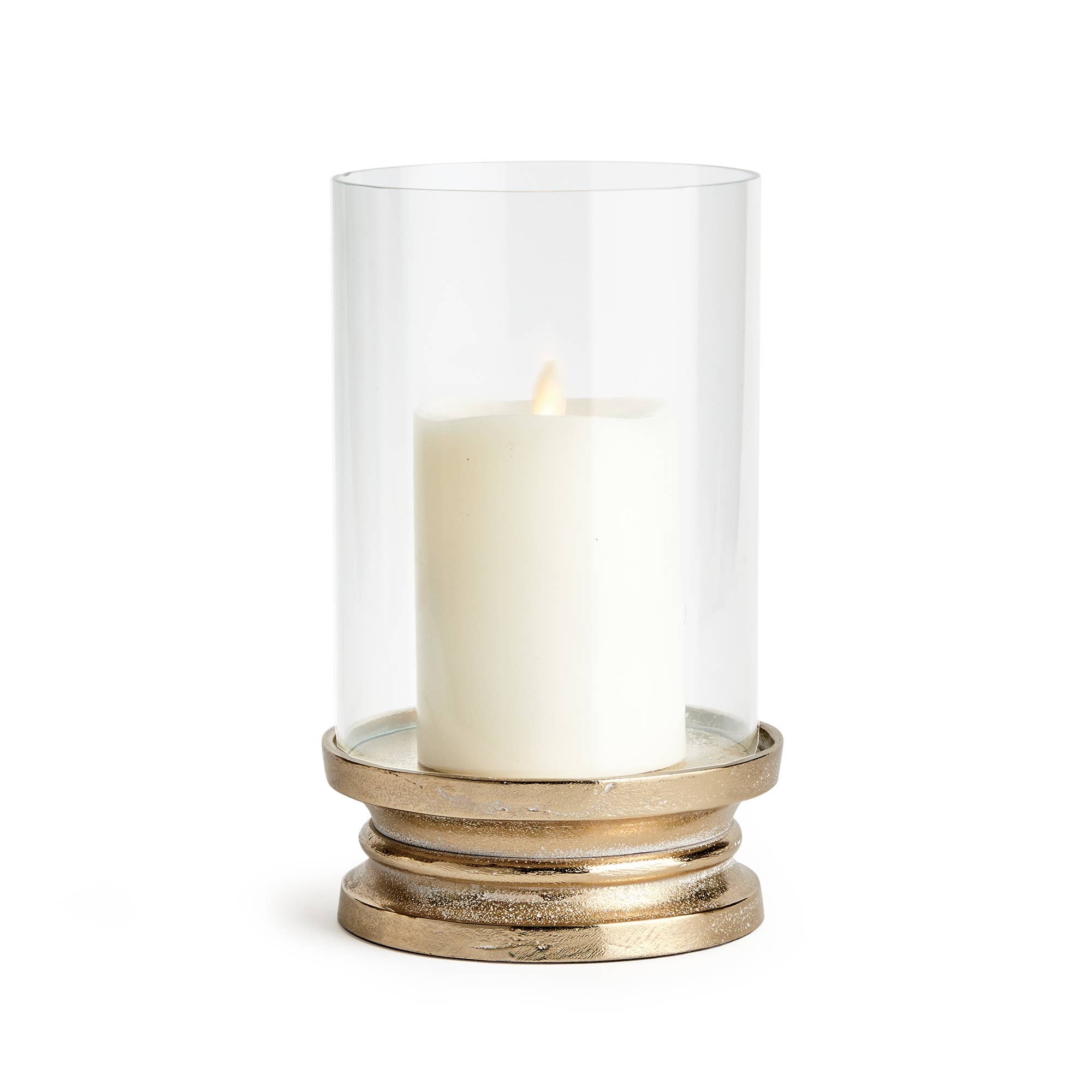 Florence Footed Hurricane Small: White Ash Gold / Aluminum/Glass/Mdf