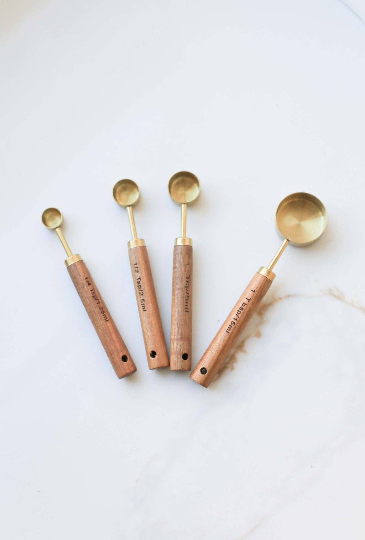 4-Piece Wood Handle Measuring Spoons Set - Brass Finish