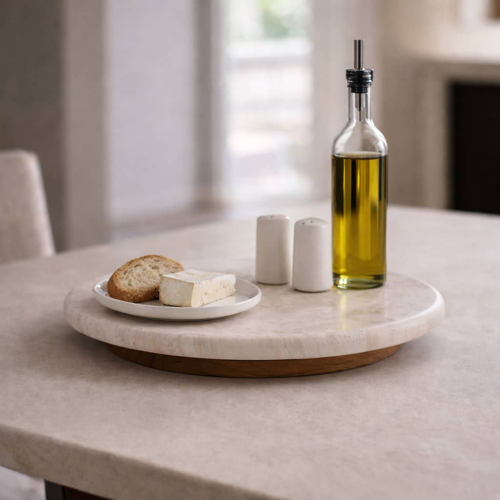 Decorative Tray - Ivory Wood Marble Round Lazy Susan, 16 in.