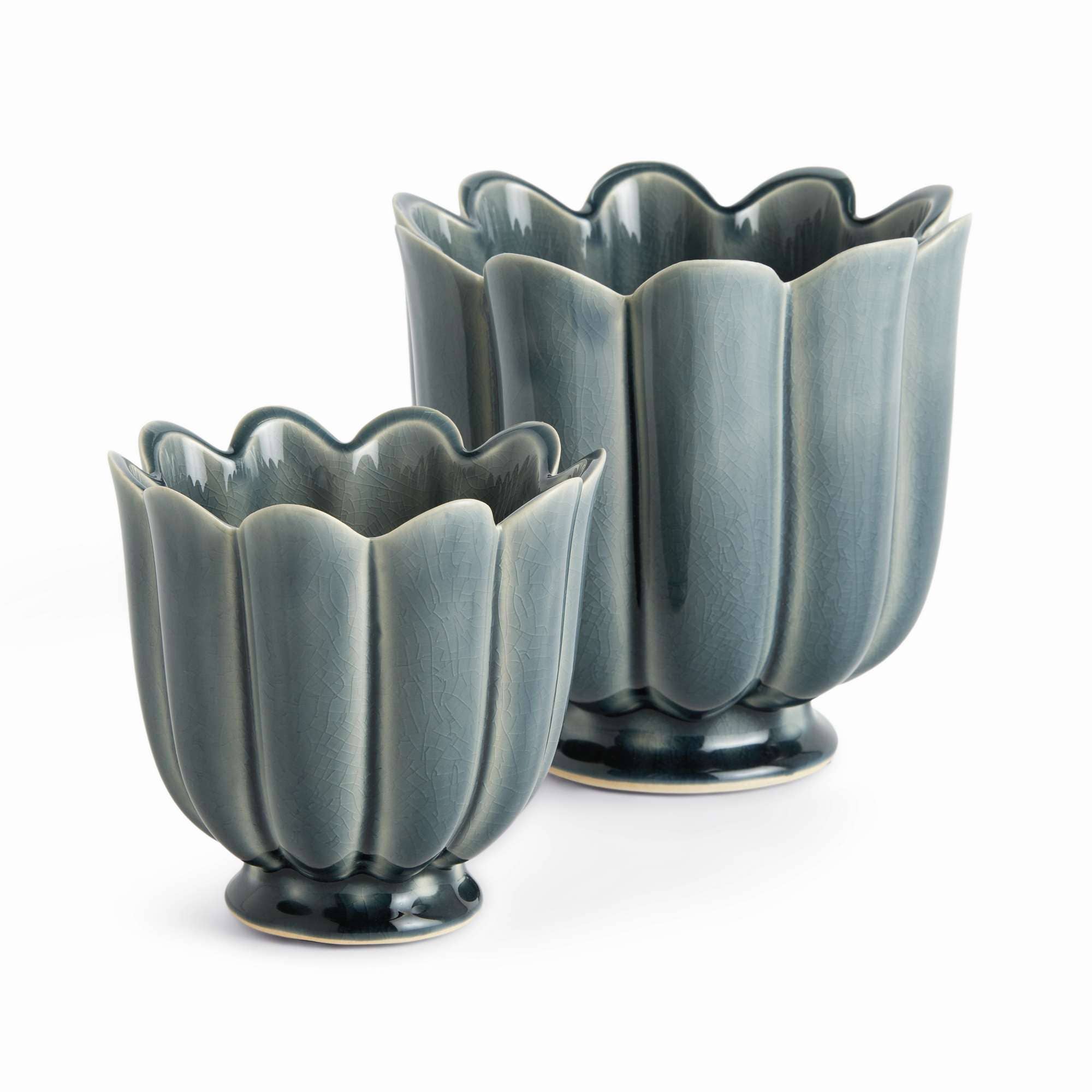 Freya Navy Footed Ceramic Pot with Petal Scalloped Edges