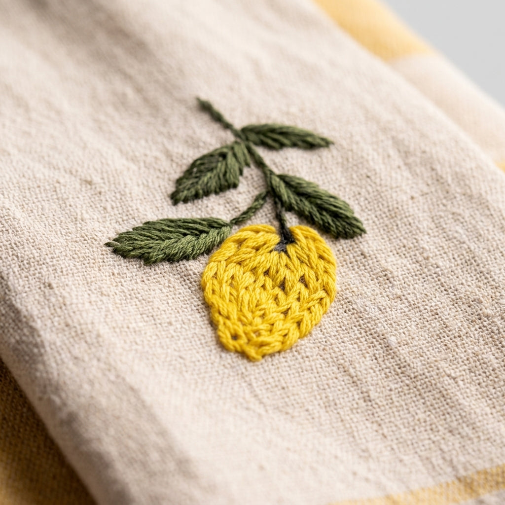 Hand-loomed kitchen towel — Embroidery Detail | Generated by Modelize
