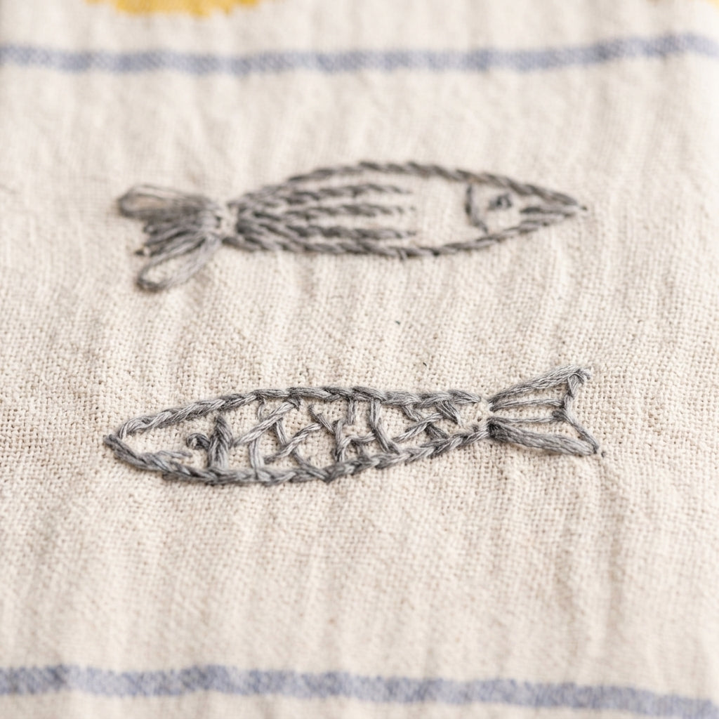 Hand-loomed kitchen towel — Embroidery Detail | Generated by Modelize