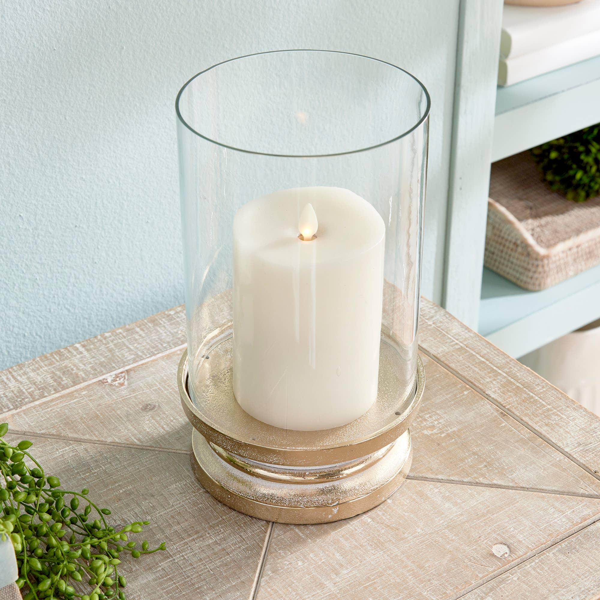 Florence Footed Hurricane Small: White Ash Gold / Aluminum/Glass/Mdf