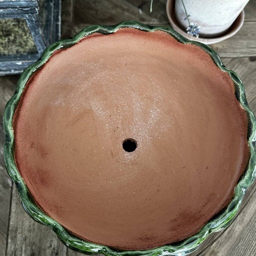 Honeychurch Provence Green Scalloped Pedestal Bowl