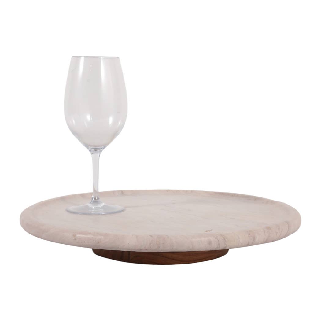 Decorative Tray - Ivory Wood Marble Round Lazy Susan, 16 in.