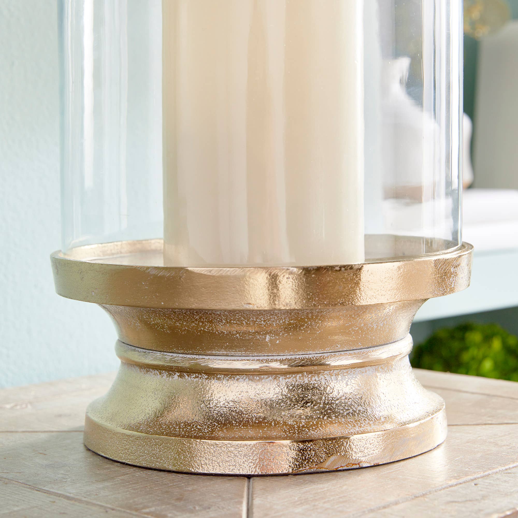 Florence Footed Hurricane Large: White Ash Gold / Aluminum/Glass/Mdf
