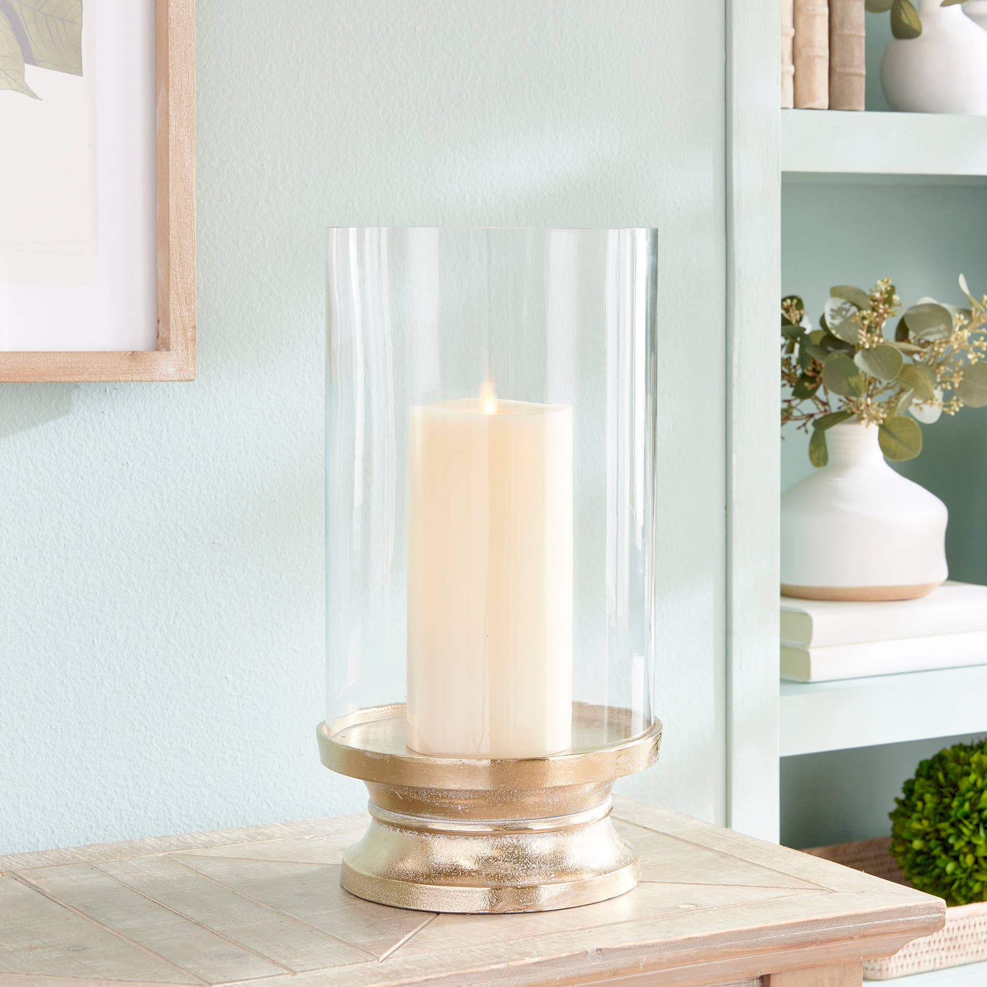 Florence Footed Hurricane Large: White Ash Gold / Aluminum/Glass/Mdf