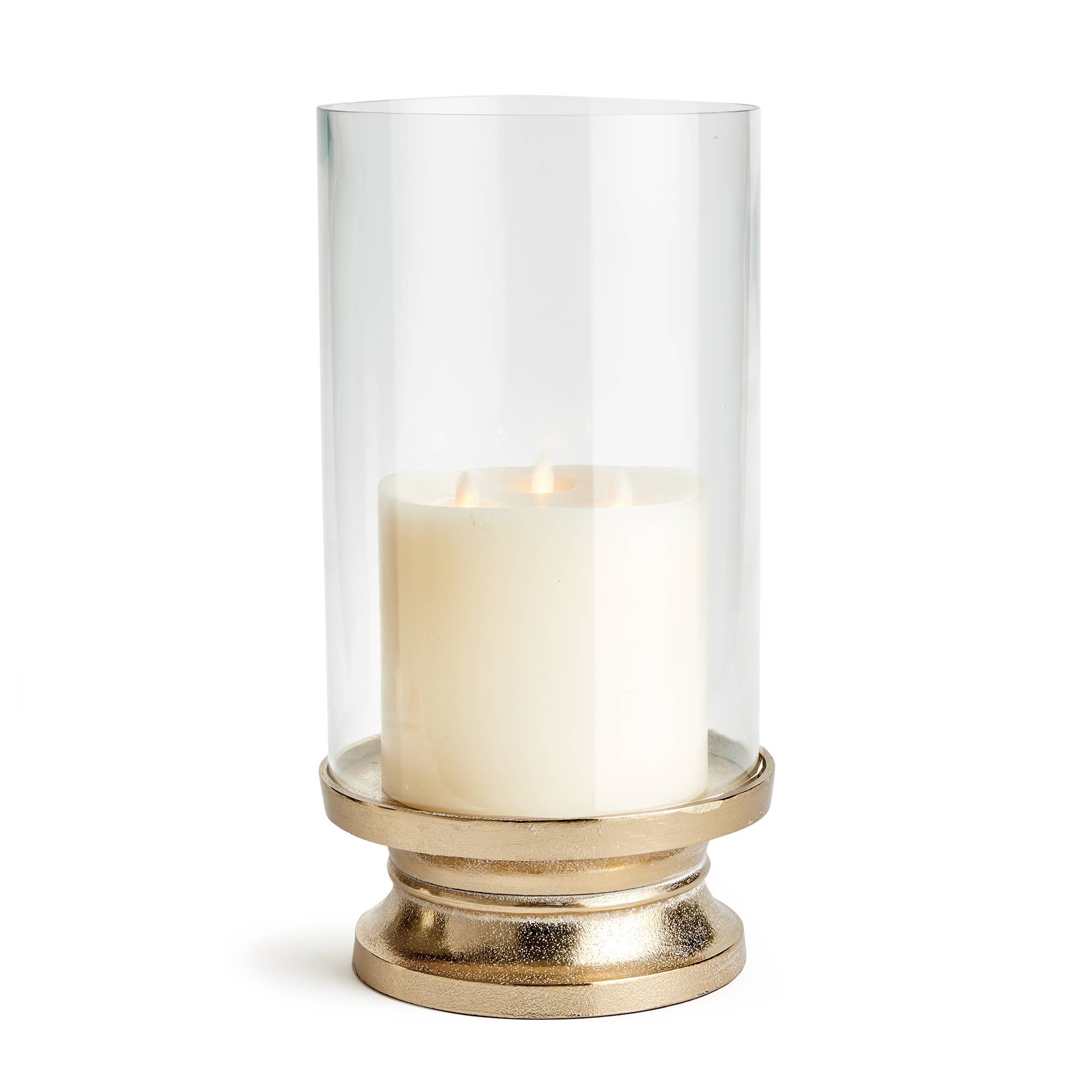 Florence Footed Hurricane Large: White Ash Gold / Aluminum/Glass/Mdf