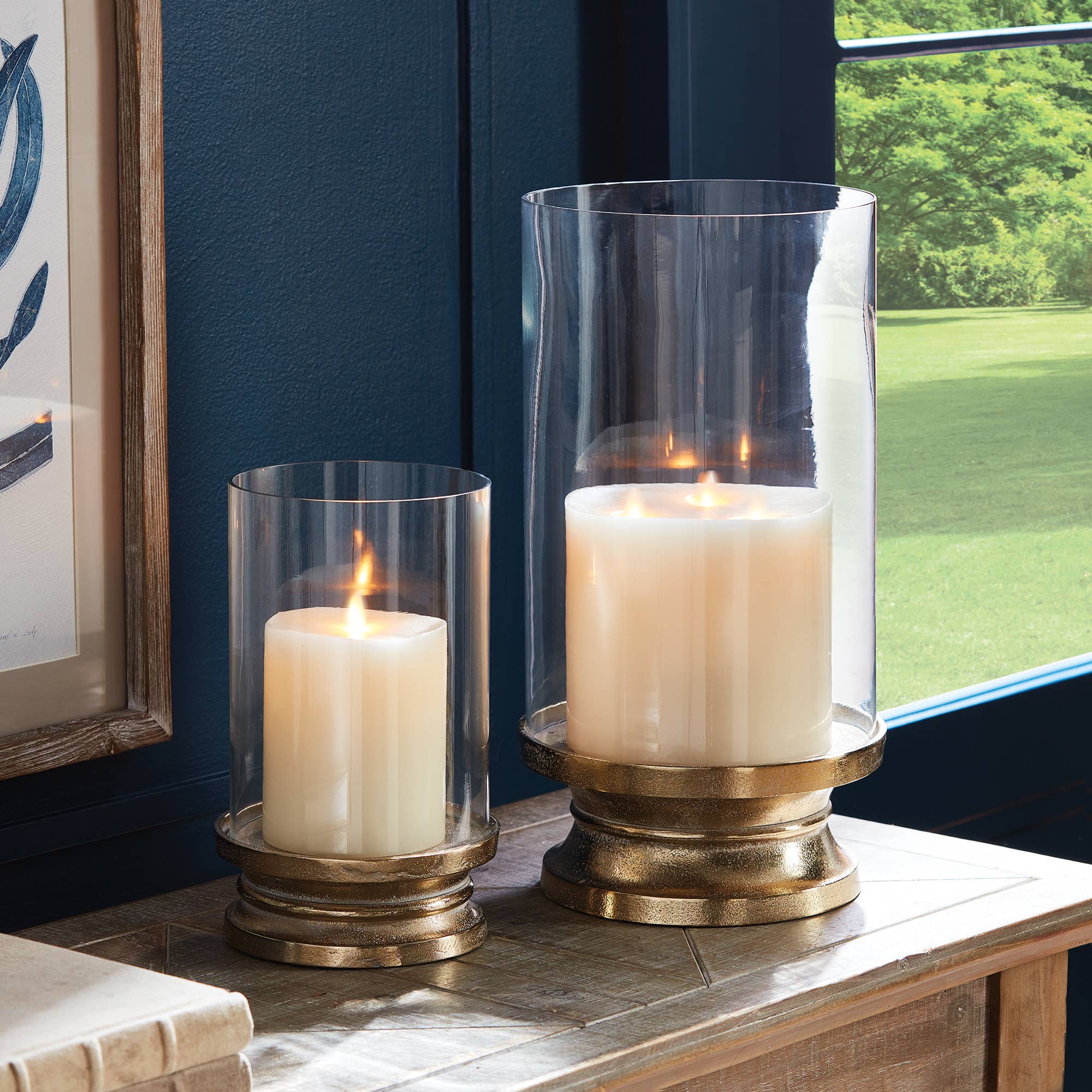 Florence Footed Hurricane Small: White Ash Gold / Aluminum/Glass/Mdf