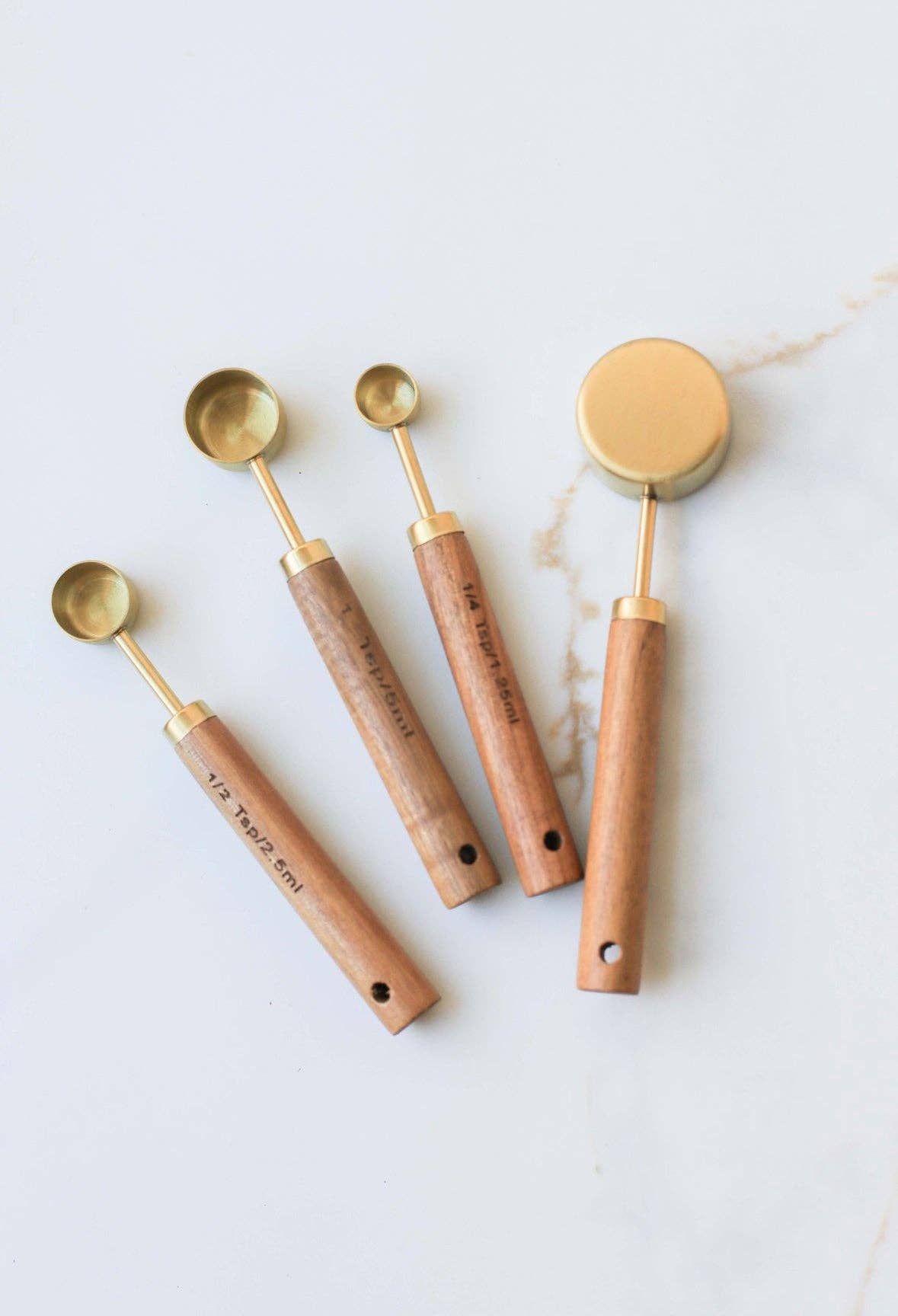 4-Piece Wood Handle Measuring Spoons Set - Brass Finish