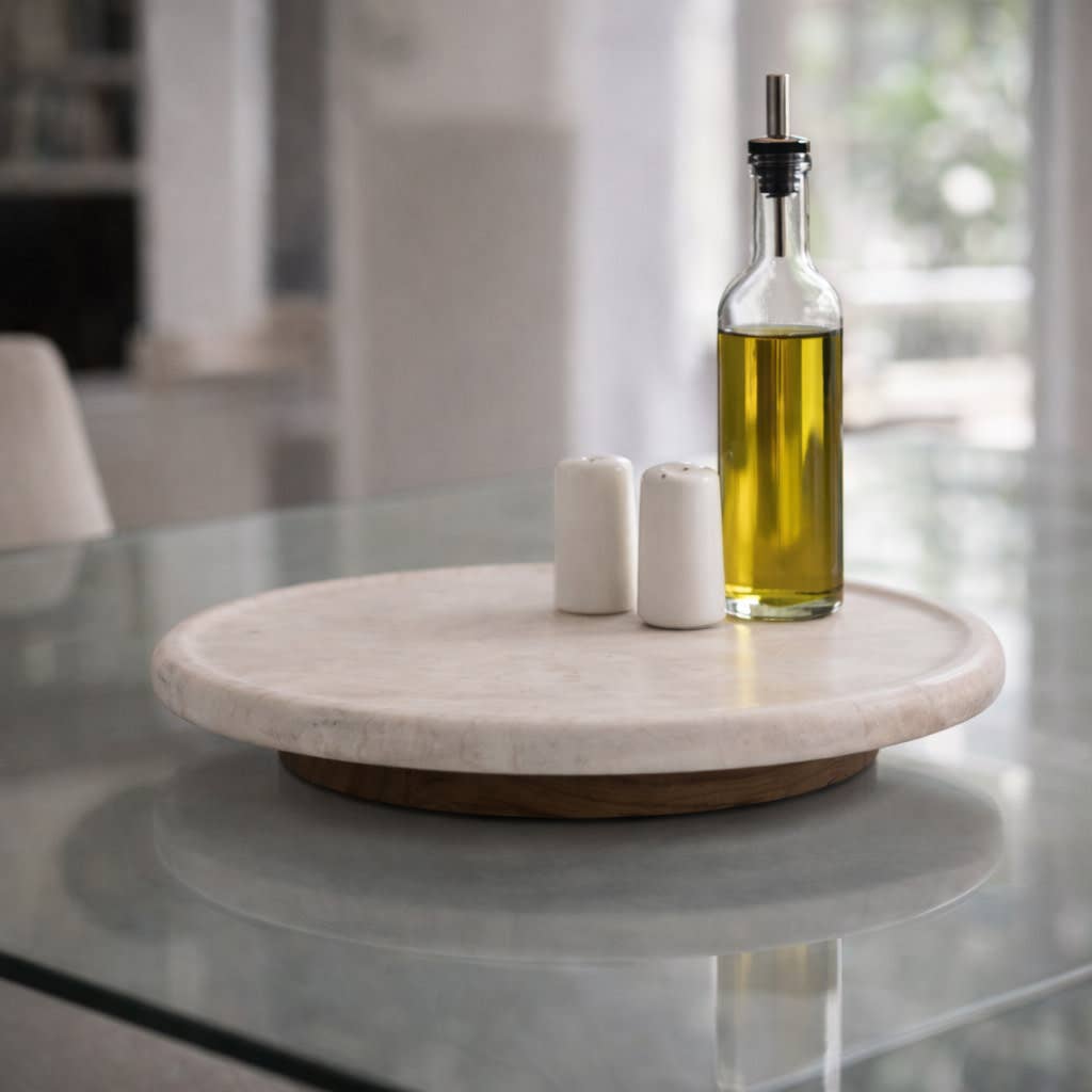 Decorative Tray - Ivory Wood Marble Round Lazy Susan, 16 in.