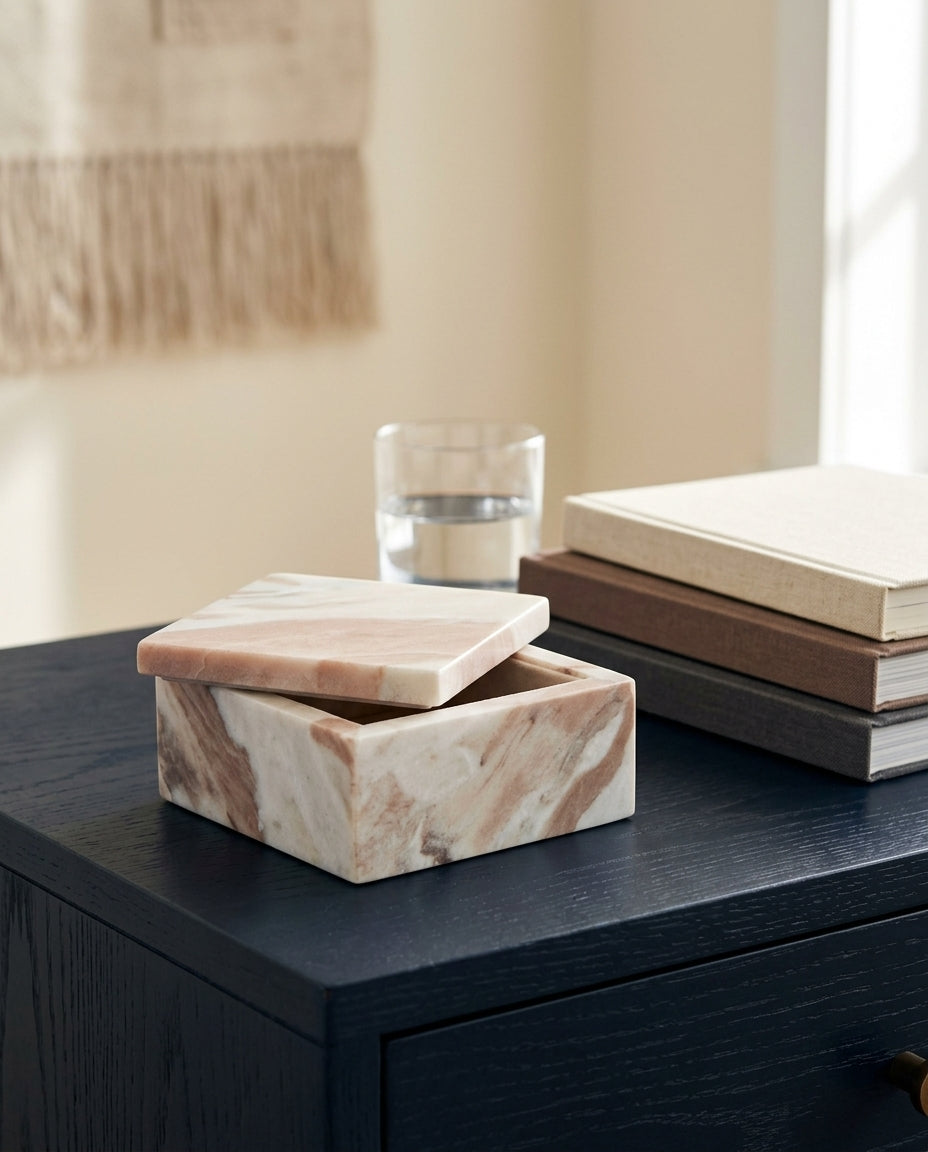 Lidded storage box — Bedside Table Lifestyle | Generated by Modelize