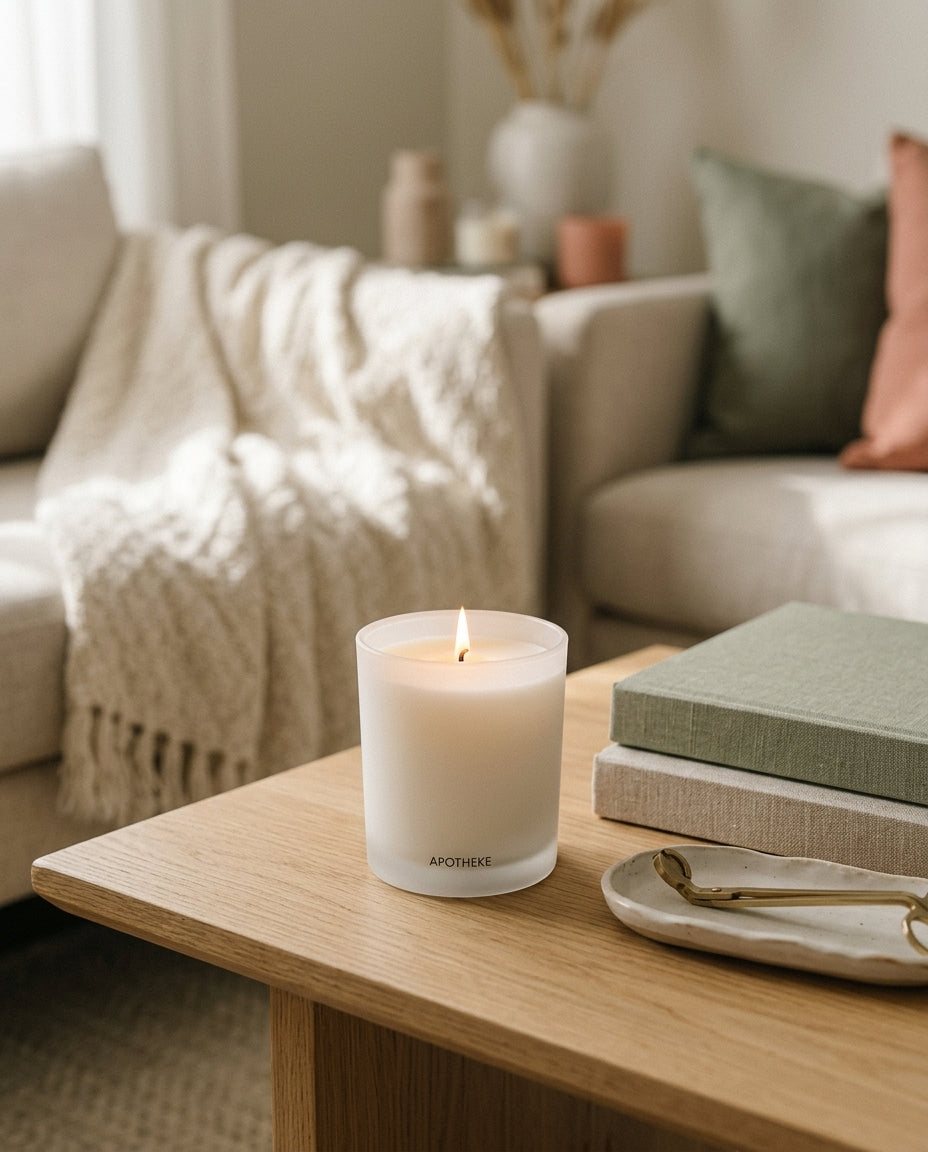 Scented candle with packaging — Lifestyle Living Room | Generated by Modelize